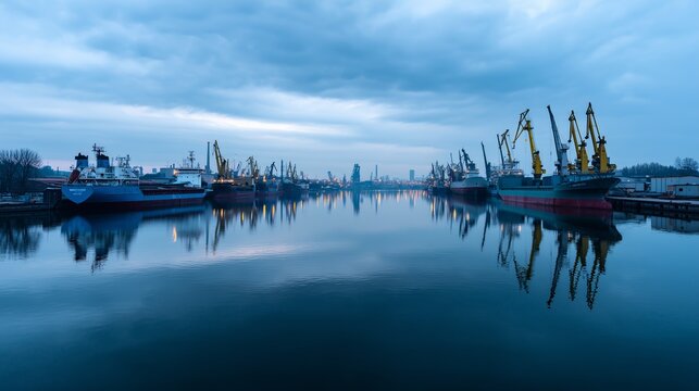 Serene port with moored cargo ships and cranes reflecting under a cloudy sky, capturing tranquility and industrial activity.
