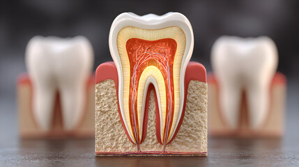 A detailed cross-section of a tooth reveals its structure, showing the enamel, dentin, and pulp. The gums and surrounding teeth illustrate the importance of dental health and anatomy in oral care.