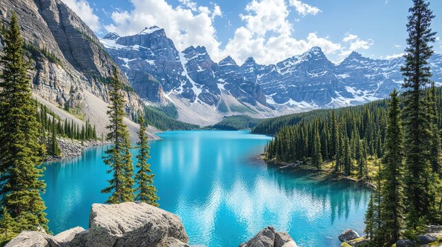 A breathtaking Canadian landscape with snowcapped mountains, a crystalclear lake, and pine forests.