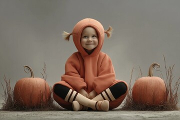 Cute toddler in pumpkin costume sitting with pumpkins, Halloween concept