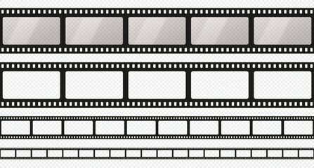 Black film strip on transparent background. Seamless long film strip with empty frame for photo, video.