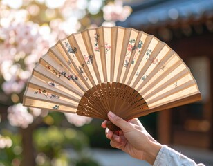Handheld Decorative Fan With Beige Paper In Spring Garden