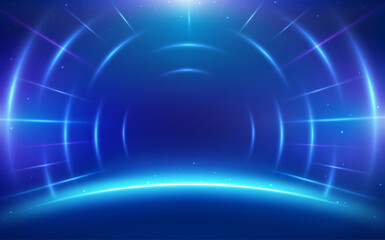 Blue rays of light with glow effect on dark background. Futuristic background with light lines.