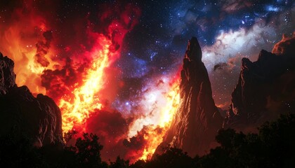 Fiery mountain peaks ablaze under a cosmic night sky