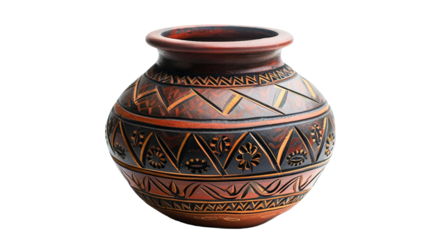Ornate Tribal Vase Featuring Detailed Design on white background