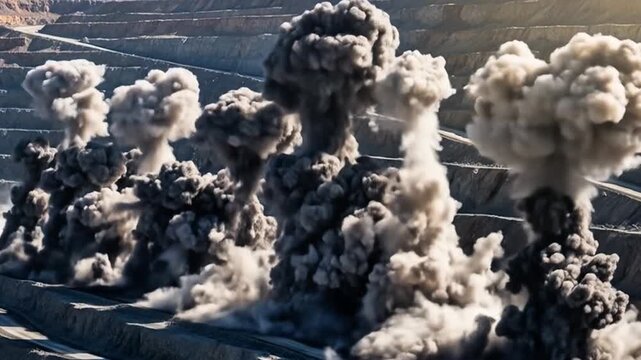 Illustration of mining blast process &ndash; powerful explosion using explosives to break rock, enabling efficient mineral extraction in open-pit mining operations.
