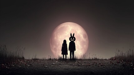 Surreal night scene with girl and bunny‑masked figure silhouetted against giant full moon