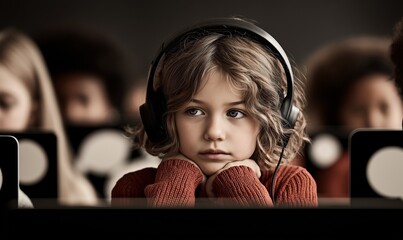 Kid learning with headphones in computer class