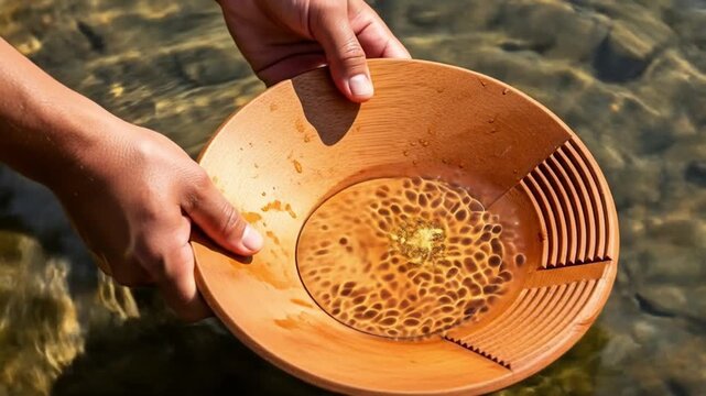 Traditional gold miner at river using simple tools to collect gold sand, artisanal gold mining process in nature.