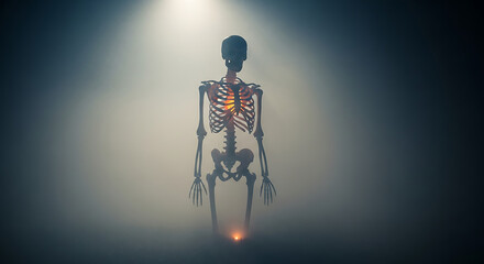 A spooky skeleton stands in the fog with a light shining on it creating an eerie atmosphere