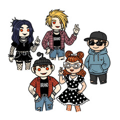 A lively assembly of stylized illustrated characters, each expressing a distinct personality and fashion sense, symbolizing diverse youth culture and community spirit through vibrant designs.