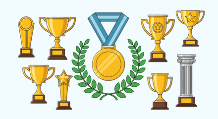 Collection of Trophies and Medals Celebrating Victory and Achievement in Competitions