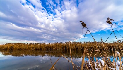 A serene winter landscape with reeds and a calm river