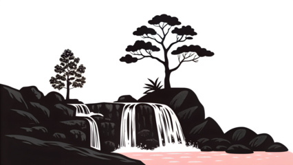 black and white illustration with Waterfall, black and white illustration