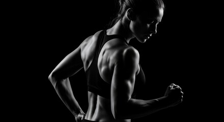 Strong female athlete flexing her back and arm muscles in a dramatic black and white studio shot.