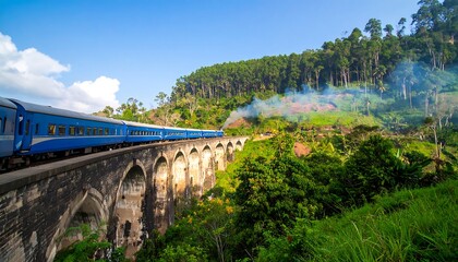 Train traversing a scenic, high bridge amidst lush greenery and a clear sky