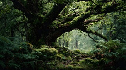Ancient tree with moss-covered trunk and branches in a lush green forest, creating a mystical and serene atmosphere, perfect for fantasy, eco concepts, meditation, and inspirational themes.