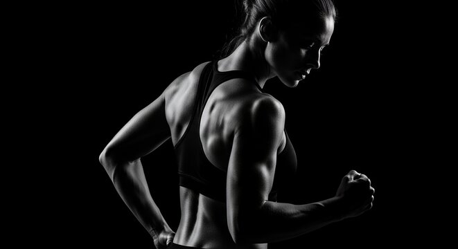 Strong female athlete flexing her back and arm muscles in a dramatic black and white studio shot. - Powered by Adobe