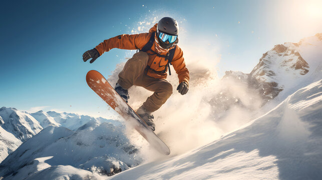 Snowboarder gliding down a mountain slope in bright sunlight during winter season with snow flying around