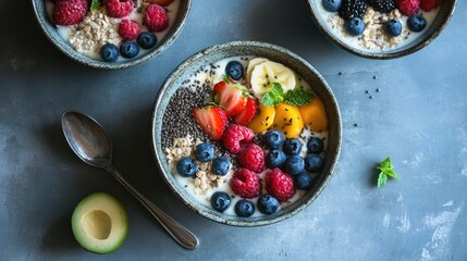 Delicious breakfast bowls with fresh fruits and chia seeds for a healthy start