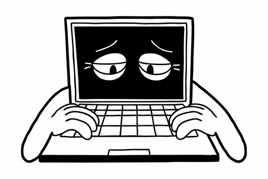 A cartoon laptop with a sad face and hands typing on the keyboard in black and white illustration "png"