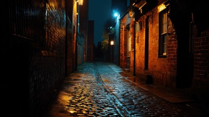 Fototapeta premium A quiet alleyway at night, with faint light from a nearby cafe and shadows creating a mysterious atmosphere.