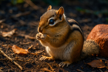 Obraz premium Cute chipmunk sitting on ground eating food in forest