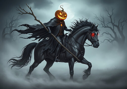 A headless horseman with a pumpkin head riding a black horse through a foggy landscape at night time