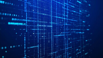 Obraz premium A digital matrix display shows a complex network of luminous binary code.