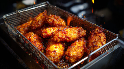 deep fryer basket with sizzling chicken wings