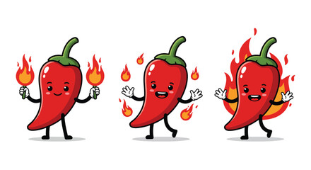 Cute Chili Pepper Characters with Fire and Heat