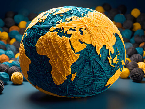 Colorful textured globe representing interconnected continents with vibrant threads in yellow and blue tones