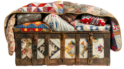 Rustic Chest Overflowing with Handmade Quilts on white background