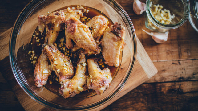 fresh chicken wings marinating in soy sauce and garlic