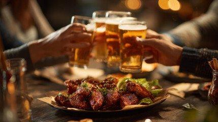 group of people clinking beer glasses over a plate of wings