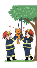 Cute Firefighters Rescuing Cat from Tree