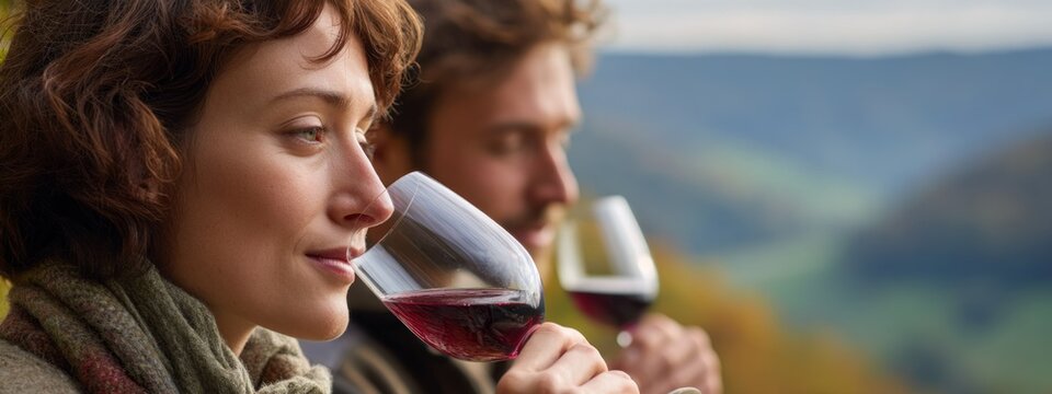 Romantic couple enjoys wine together in picturesque countryside during sunset