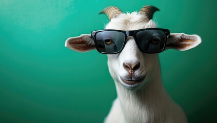 Photograph of a goat wearing sunglasses, isolated on a green background. An ultra-realistic photo with soft studio lighting, incredibly detailed,