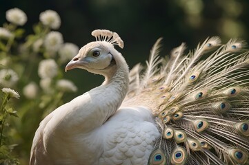 Fototapeta premium Elegant white peacock displaying its stunning plumage in a lush garden setting for nature lovers