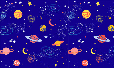 Outer Space Seamless Pattern Galaxy Stars Planet Rocket Astronaut Vector Design n