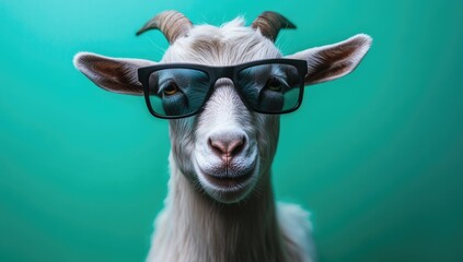 Photograph of a goat wearing sunglasses, isolated on a green background. An ultra-realistic photo with soft studio lighting, incredibly detailed,