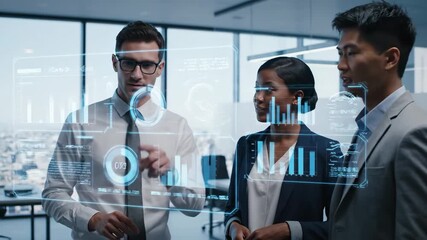 Business Team Analyzing Data on Holographic Interface - A diverse business team collaborates around a transparent digital interface, analyzing data represented by charts and graphs. - Powered by Adobe