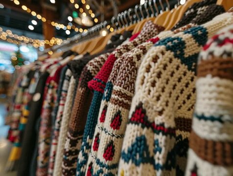 Christmas sweaters on a hanger in a store