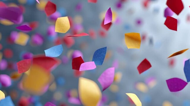Confetti cascade: A mesmerizing display of vibrantly colored confetti pieces elegantly suspended in mid-air, set against a soft focus background that gives the scene an enchanting and dynamic feel.