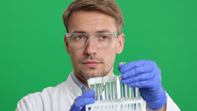 Scientist at Lab Examining Test Tubes: A focused scientist, clad in protective eyewear and gloves, meticulously examines test tubes filled with scientific liquids, hinting at groundbreaking research.
