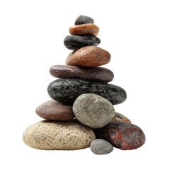 Balanced stone tower created from various smooth pebbles on a plain background, showcasing natural colors and textures during an indoor setting