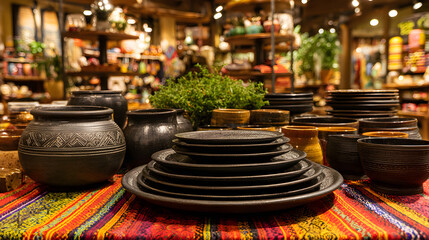 A colorful display of handcrafted pottery and bowls on a vibrant woven textile. The intricate designs and rich earth tones highlight the craftsmanship, creating a warm and inviting atmosphere.