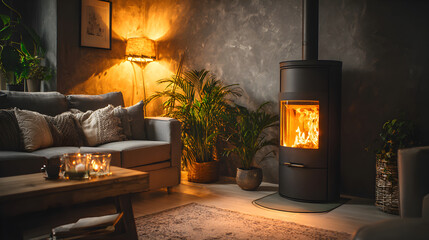 A cozy, warm living room with a modern wood-burning stove, a comfortable sofa, and green plants.