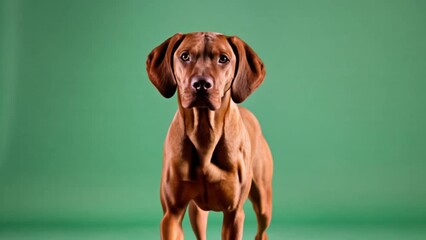 4K Vizsla dog on green screen isolated with chroma key, real shot. Dog playing , running across the frame, stopping, jumping, and chasing .