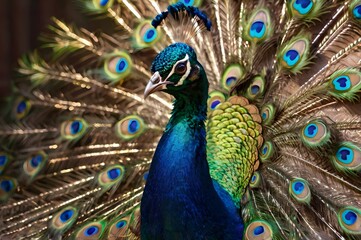 Stunning peacock displaying iridescent plumage for mating season in vibrant detail and exquisite color